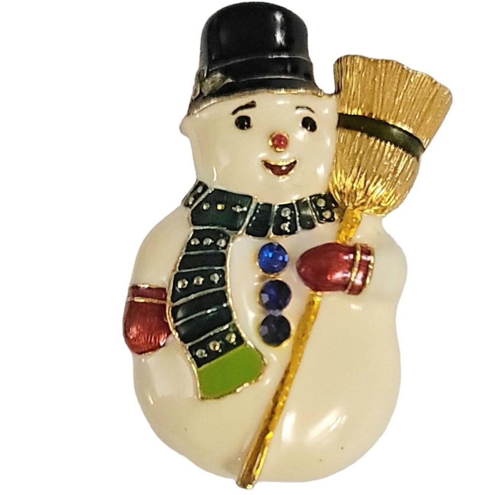 Christopher Radko Gold Tone Enamel Rhinestone Snowman Brooch Pin, Signed K518